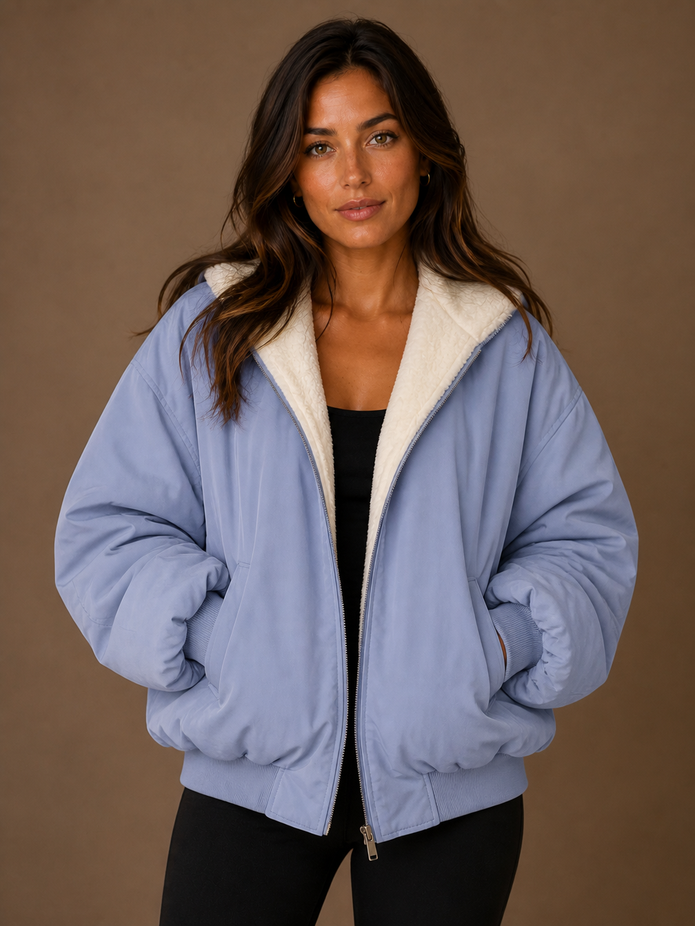 Women's Oversized Hooded Puffer Jacket with Plush Trim Stand Collar, Zip Front and Pockets - Blue