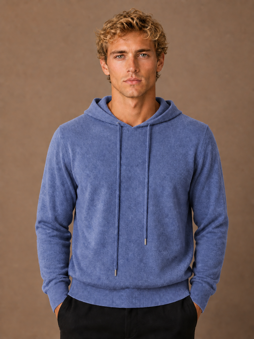 Men’s Pullover Hoodie with Adjustable Hood and Ribbed Cuffs - Blue