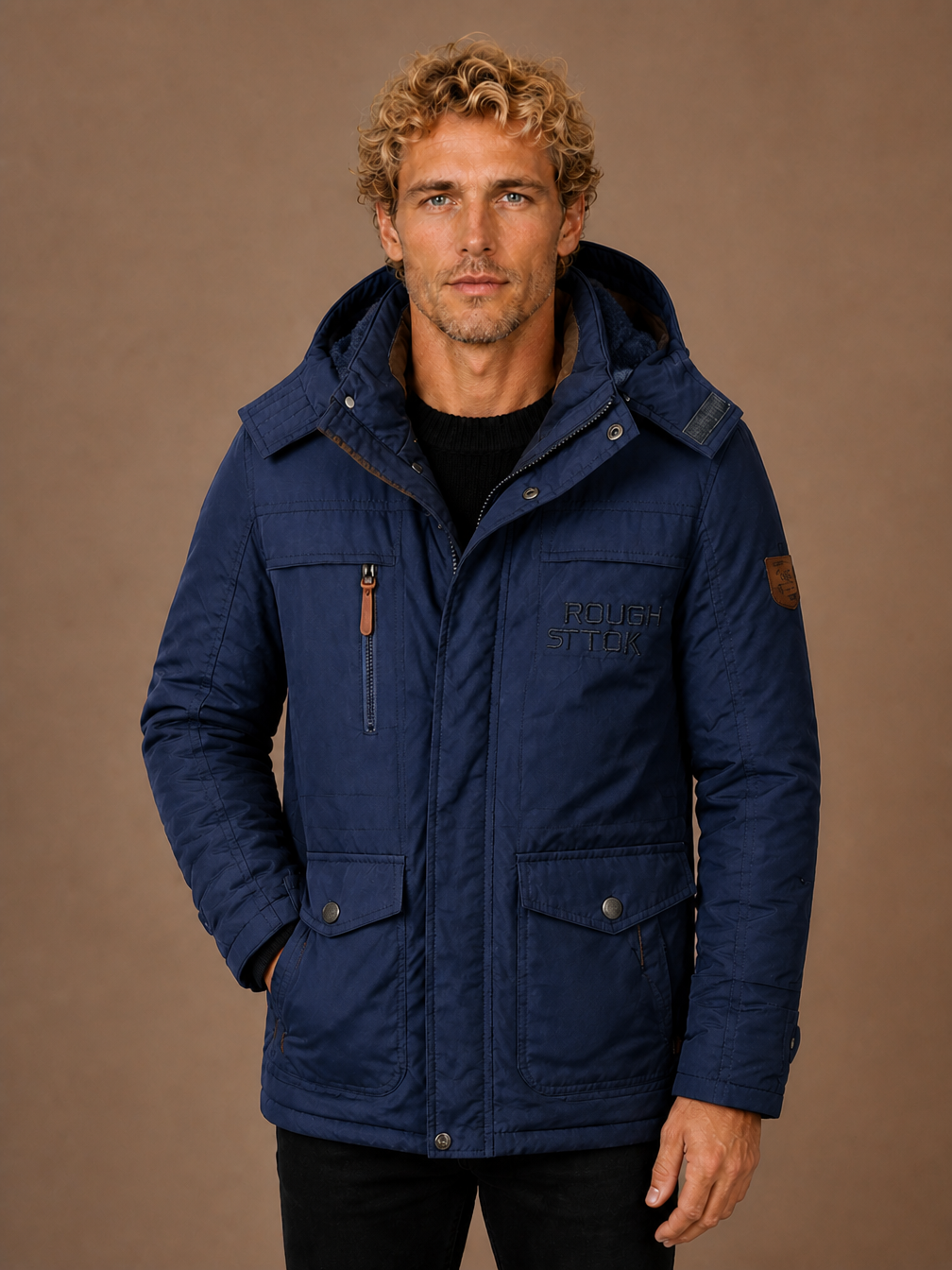 Men's Winter Parka with Hood, Padded Lining and Multiple Pockets - Blue