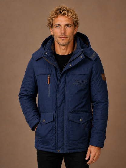 Men's Winter Parka with Hood, Padded Lining and Multiple Pockets - Blue