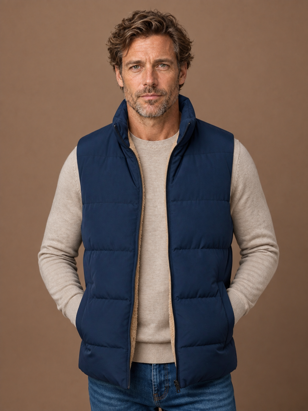 Men's Winter Gilet with Faux Fur Lining, Quilted Sleeveless Padded Waistcoat with Stand Collar - Blue