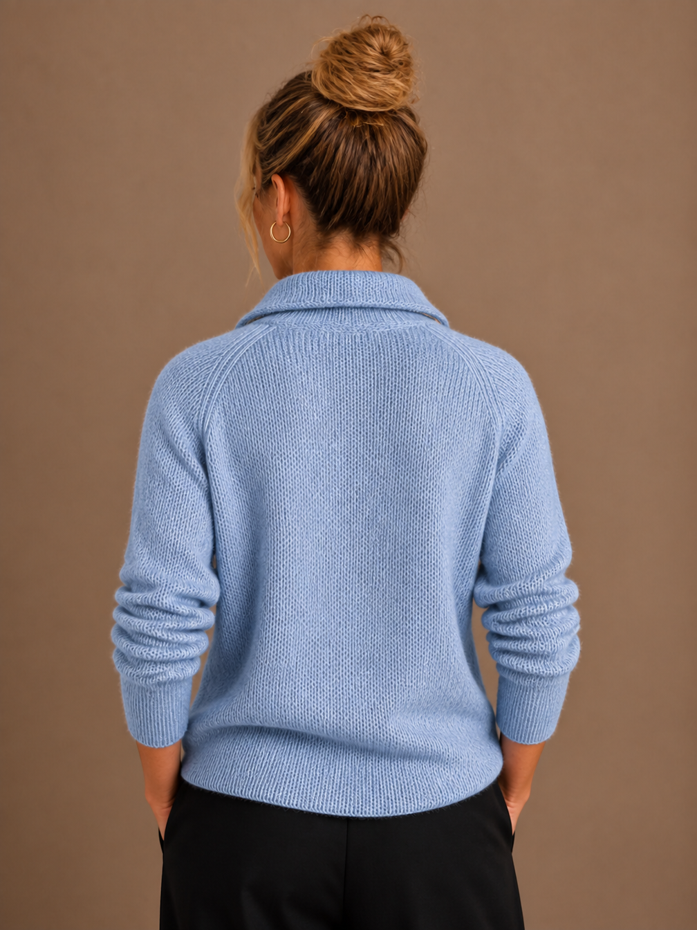 Women's Pure Cashmere Half-Zip Knitted Pullover Sweater with Long Sleeves - Blue - Back View [AI-OPT:4ef323ee-38d8-4a1d-a8d2-e3cbd30e89bb]