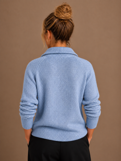 Women's Pure Cashmere Half-Zip Knitted Pullover Sweater with Long Sleeves - Blue - Back View [AI-OPT:4ef323ee-38d8-4a1d-a8d2-e3cbd30e89bb]