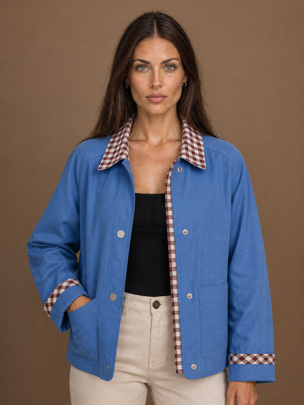 Women's Barn Jacket with Checked Collar - Autumn Winter Outerwear Coat - Blue