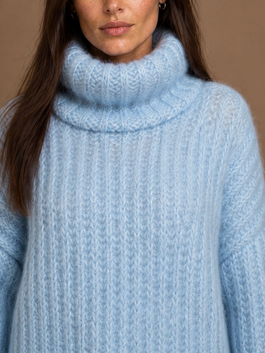 Women's Oversized Roll-Neck Chunky Knit Jumper – Cosy Fuzzy Warm Sweater - Blue - Detail Close-Up [AI-OPT:955e3316-c3a2-4802-9f5a-b3356bf34539]