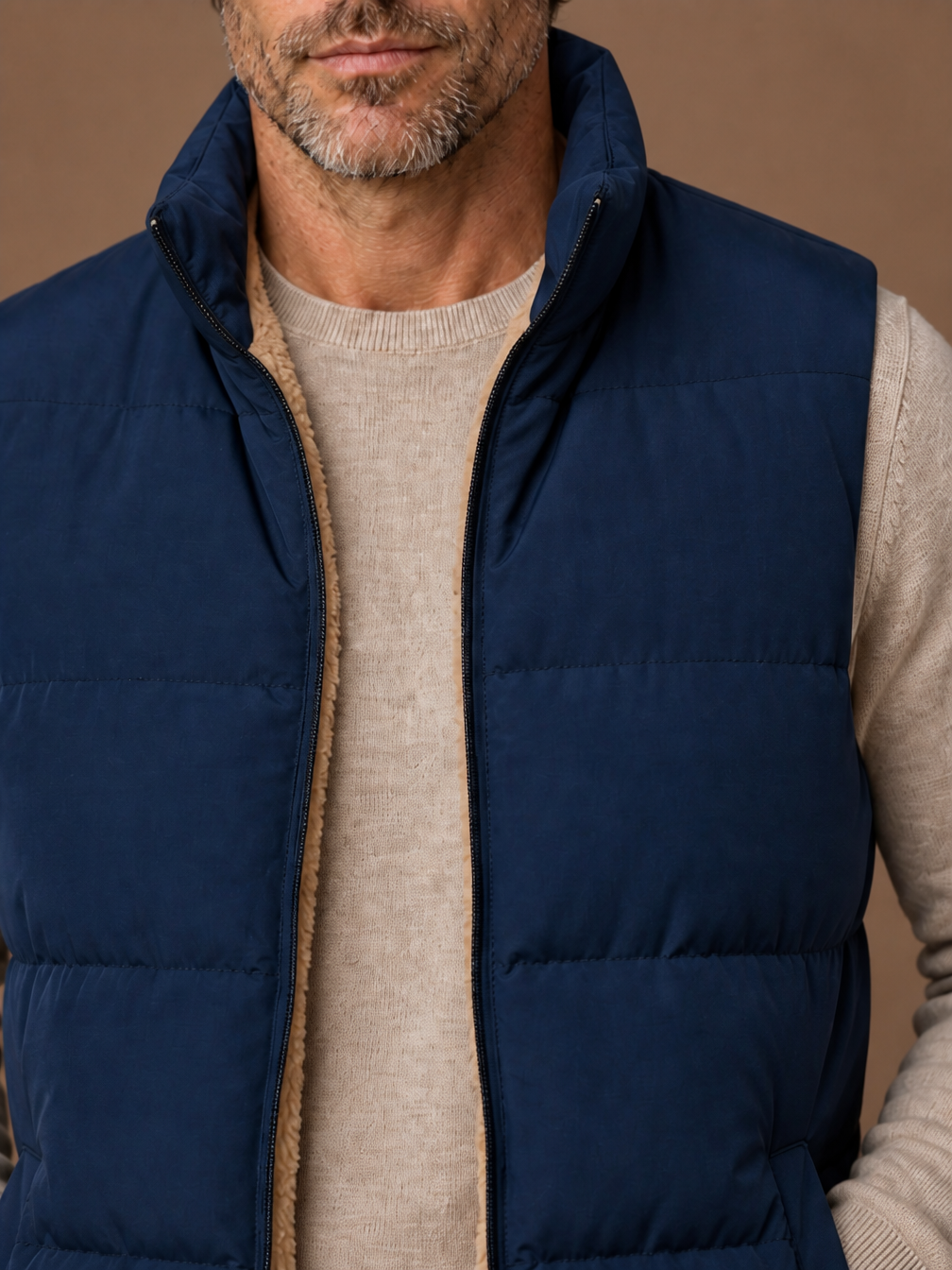 Men's Winter Gilet with Faux Fur Lining, Quilted Sleeveless Padded Waistcoat with Stand Collar - Blue - Detail Close-Up [AI-OPT:0f9556f2-253a-447d-a0f6-6c6aa820028b]