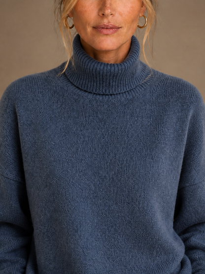 Women's Oversized Turtleneck Wool Jumper - Knitted High Neck Winter Sweater - Blue - Detail Close-Up [AI-OPT:c94c2c3f-ede2-4063-b496-21cb4260297b]