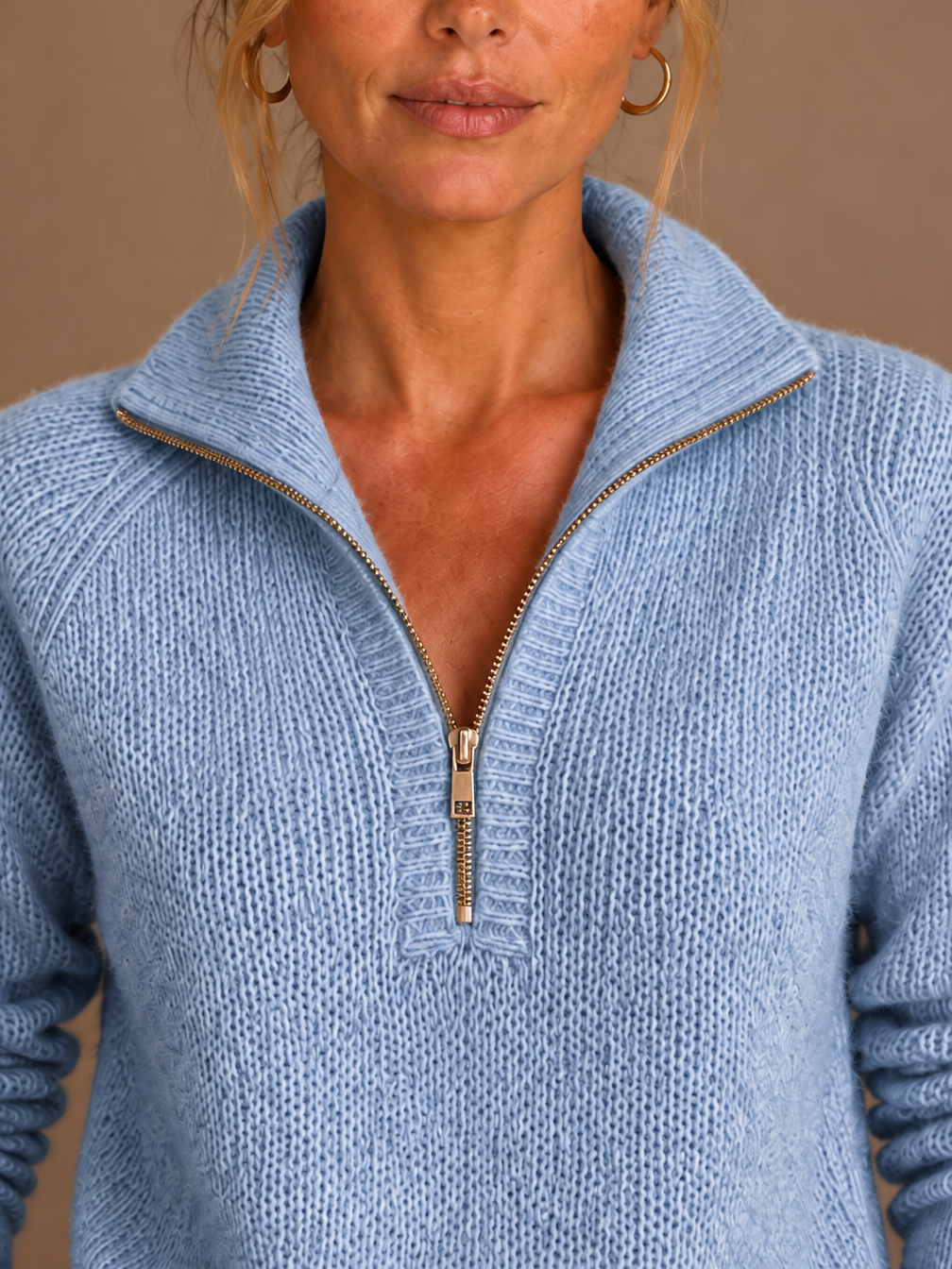 Women's Pure Cashmere Half-Zip Knitted Pullover Sweater with Long Sleeves - Blue - Detail Close-Up [AI-OPT:8968c7f9-a449-4327-b9fa-e5312808276f]