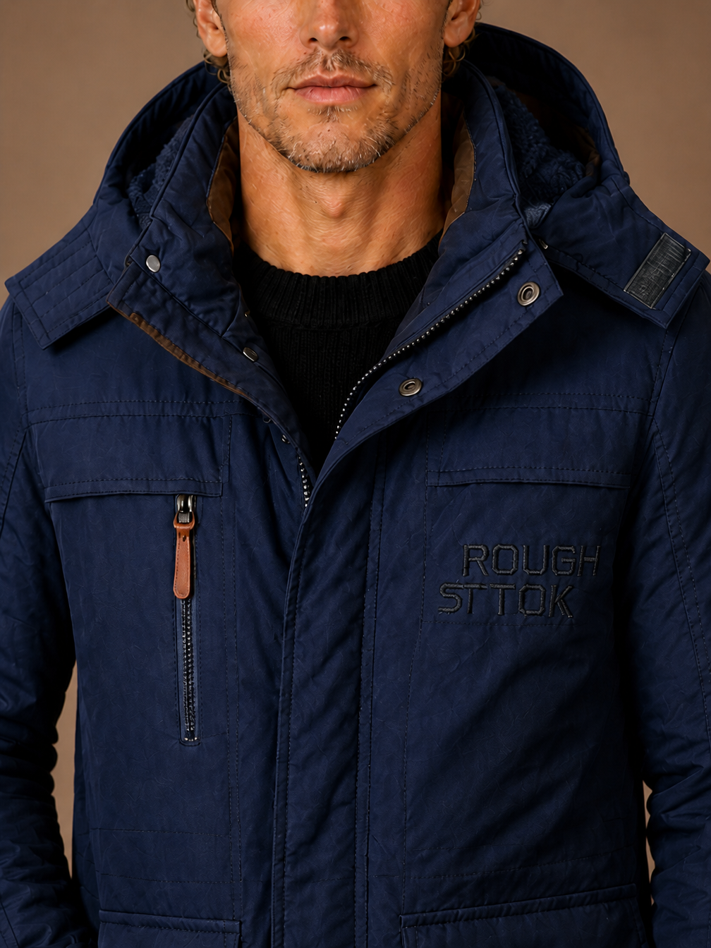 Men's Winter Parka with Hood, Padded Lining and Multiple Pockets - Blue - Detail Close-Up [AI-OPT:d1dab37e-b480-4fbe-9e32-3a5f5ca8b398]