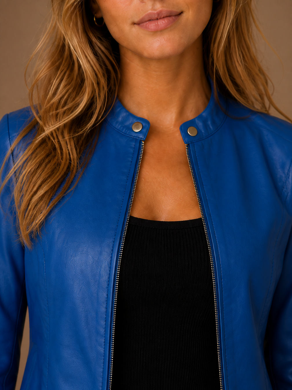 Women's Cropped Faux Leather Jacket with Zip Front and Fitted Waist - Blue - Detail Close-Up [AI-OPT:90fc151f-e3ff-405c-899a-bc7d8ec2b1bd]