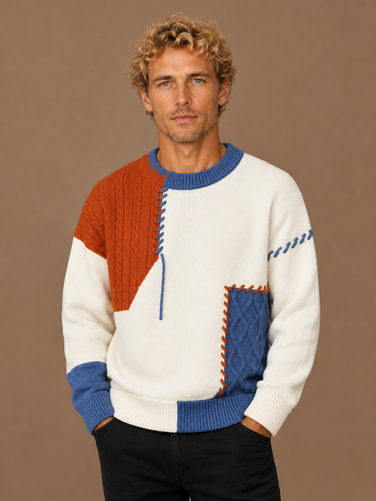 Men's Patchwork Sweater Relaxed Fit Crew Neck Colour Block Jumper - Blue
