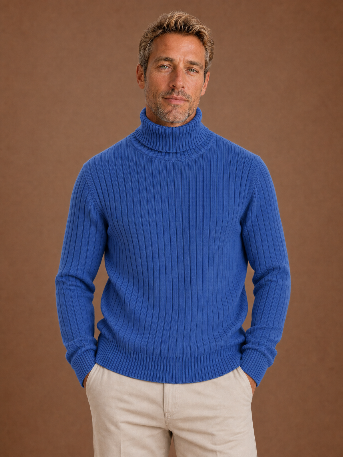 Men's Ribbed Turtleneck Sweater Slim Fit Stretch Knit Pullover - Blue