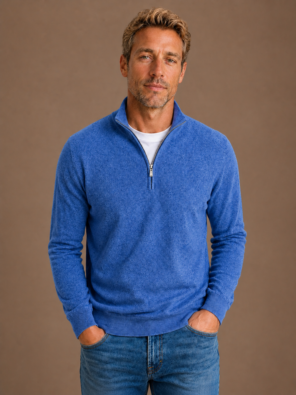 Men’s Wool-Blend Half-Zip Sweater with High Collar, Regular Fit - Blue