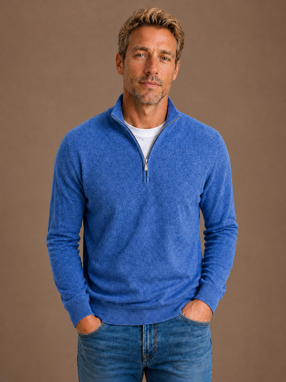 Men’s Wool-Blend Half-Zip Sweater with High Collar, Regular Fit - Blue