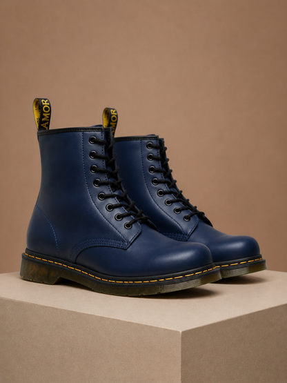 Women's Leather Combat Boots 8-Eye Lace-Up Chunky Sole Boots - Blue