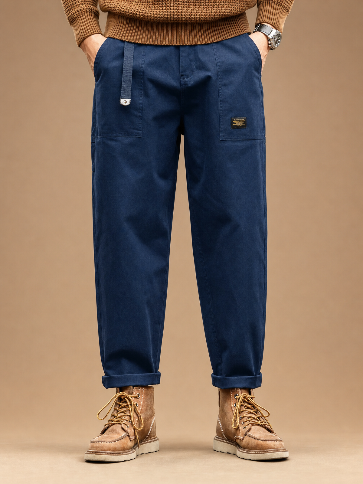 Men's Wide-Leg Cargo Trousers with Pleated Waist and Flap Pockets - Blue