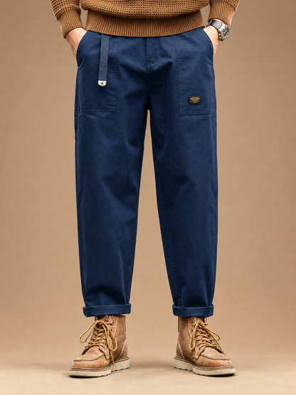 Men's Wide-Leg Cargo Trousers with Pleated Waist and Flap Pockets - Blue