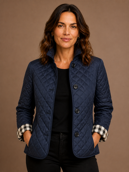 Women's Lightweight Quilted Jacket with Lapel Collar and Relaxed Fit - Blue