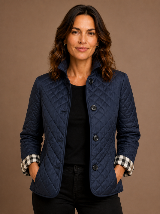 Women's Lightweight Quilted Jacket with Lapel Collar and Relaxed Fit - Blue