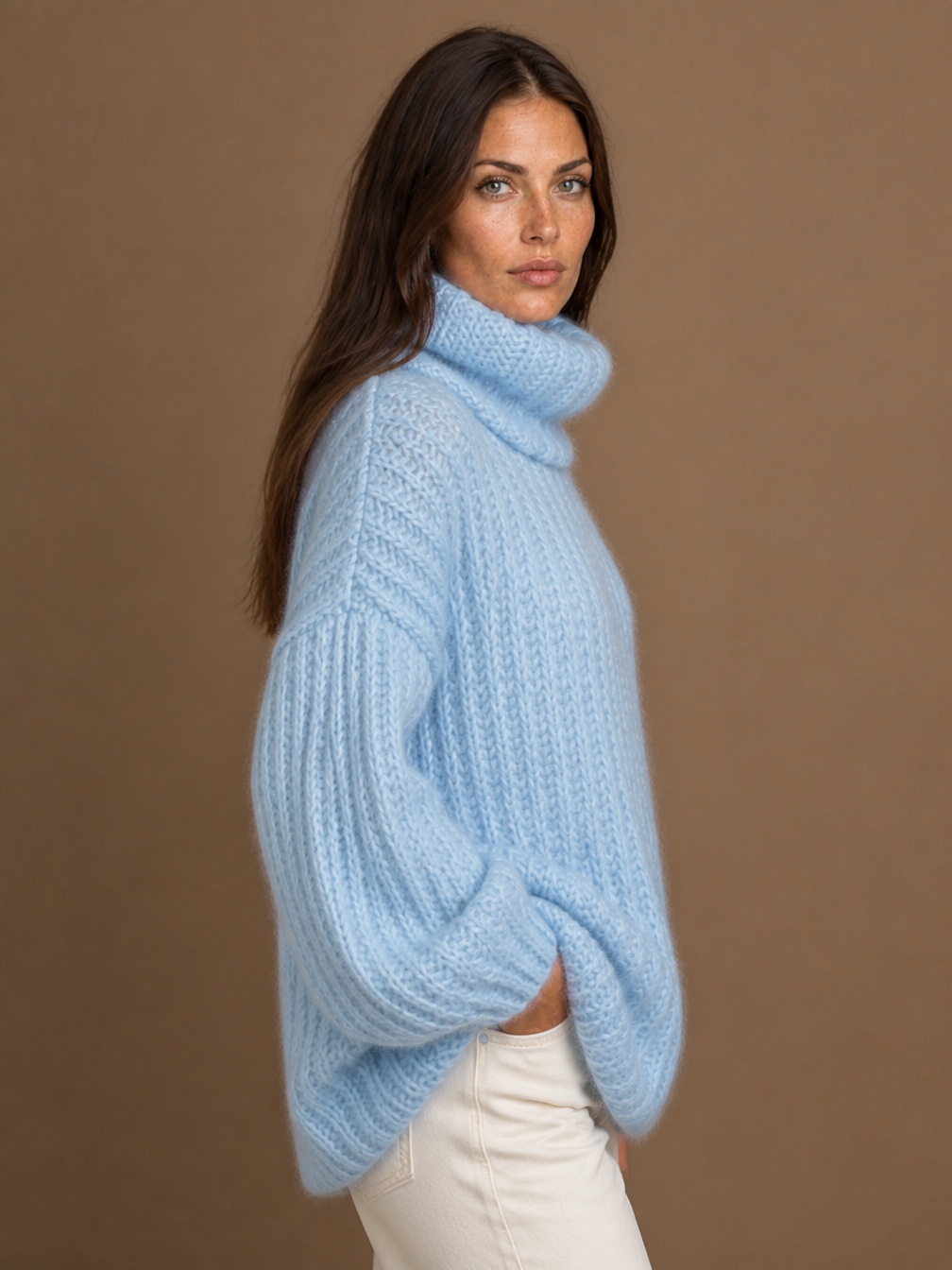 Women's Oversized Roll-Neck Chunky Knit Jumper – Cosy Fuzzy Warm Sweater - Blue - Side View [AI-OPT:93d9fb01-10b7-4841-9662-7e49a8d7376e]