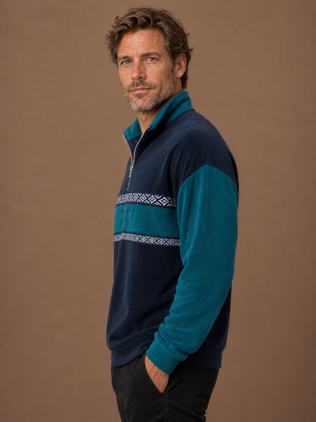 Men’s Zip Through Knitted Jumper with Retro Style - Comfortable Fit Sweater for Autumn and Winter - Blue - Side View [AI-OPT:5315b467-5a32-4702-9255-37b404570965]