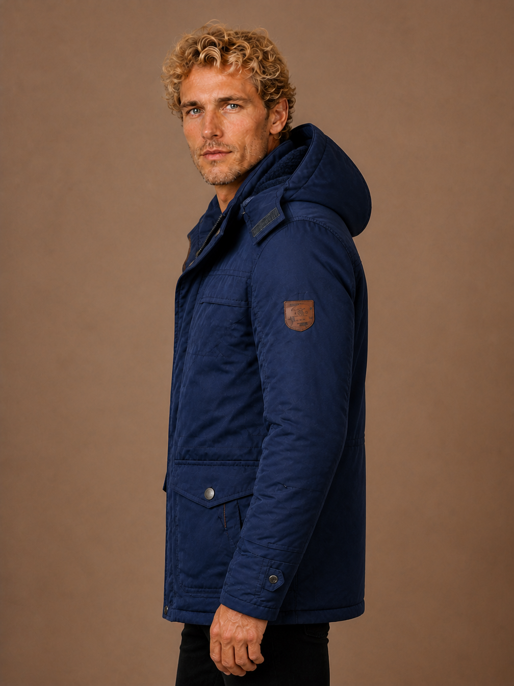 Men's Winter Parka with Hood, Padded Lining and Multiple Pockets - Blue - Side View [AI-OPT:d2d5698f-5da9-4933-955f-e221fc05cd1a]