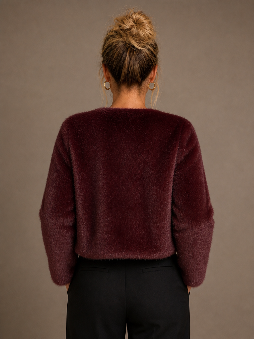 Women's Short Coat Soft Faux Fur Round Neck Straight Cut Ladies Jacket - Bordeaux - Back View [AI-OPT:094f0211-43b4-4832-9200-77f8e18f83e5]