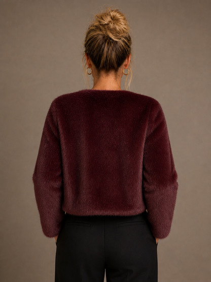 Women's Short Coat Soft Faux Fur Round Neck Straight Cut Ladies Jacket - Bordeaux - Back View [AI-OPT:094f0211-43b4-4832-9200-77f8e18f83e5]