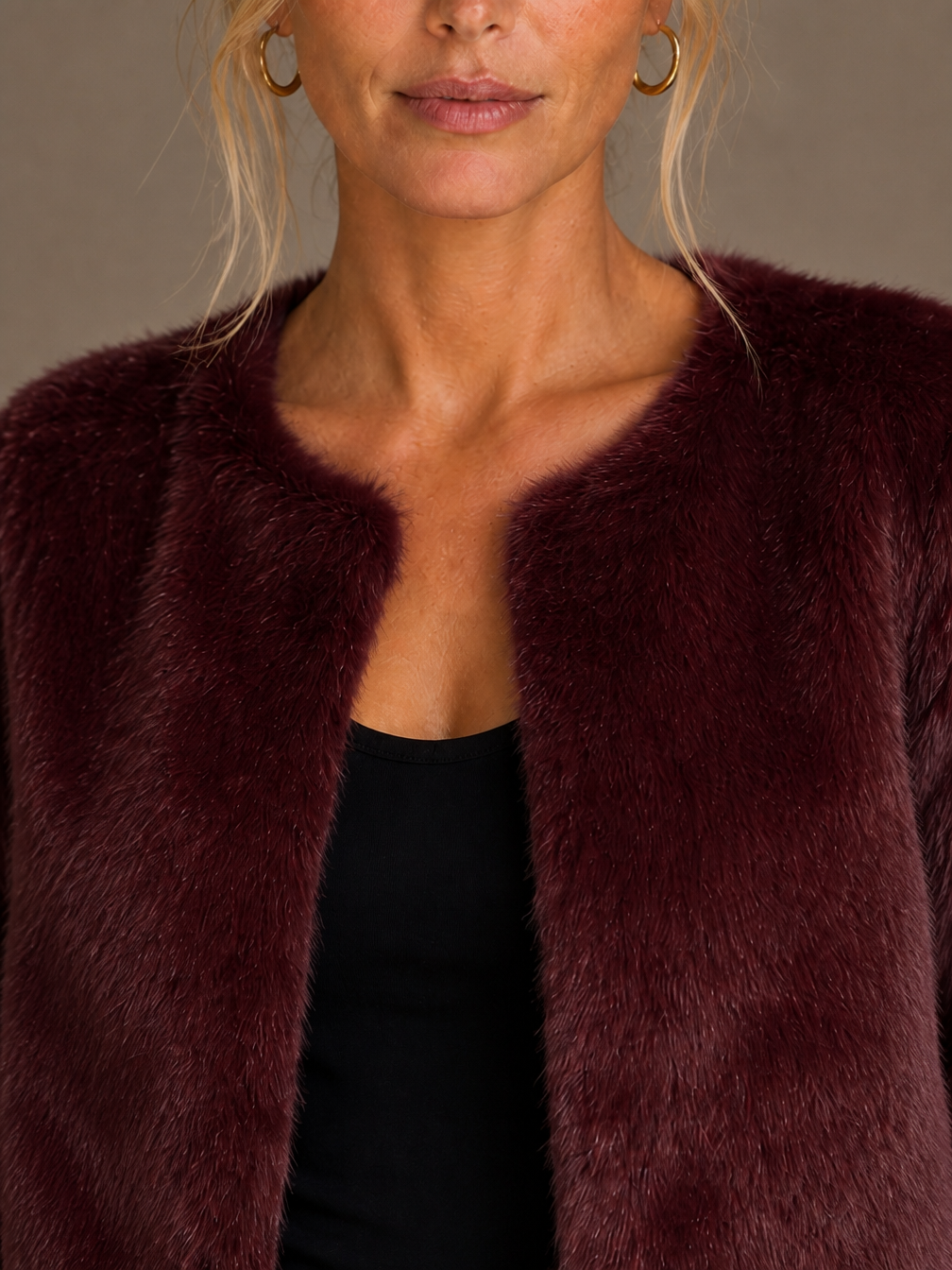 Women's Short Coat Soft Faux Fur Round Neck Straight Cut Ladies Jacket - Bordeaux - Detail Close-Up [AI-OPT:ecac5557-2231-4ff6-80a7-363a9f692e58]