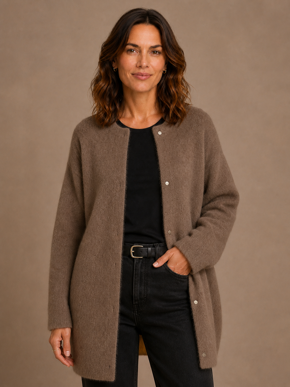 Women's Longline Open Front Cardigan in Brushed Knit with Dropped Shoulders - Brązowy