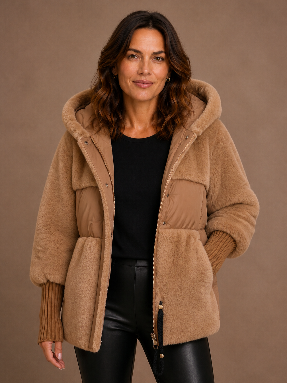Women's Plush Hooded Winter Coat with Faux Fur Panels and Quilted Detail - Brown