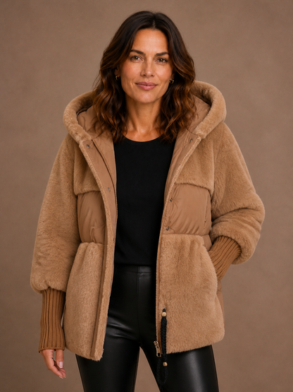 Women's Plush Hooded Winter Coat with Faux Fur Panels and Quilted Detail - Brown