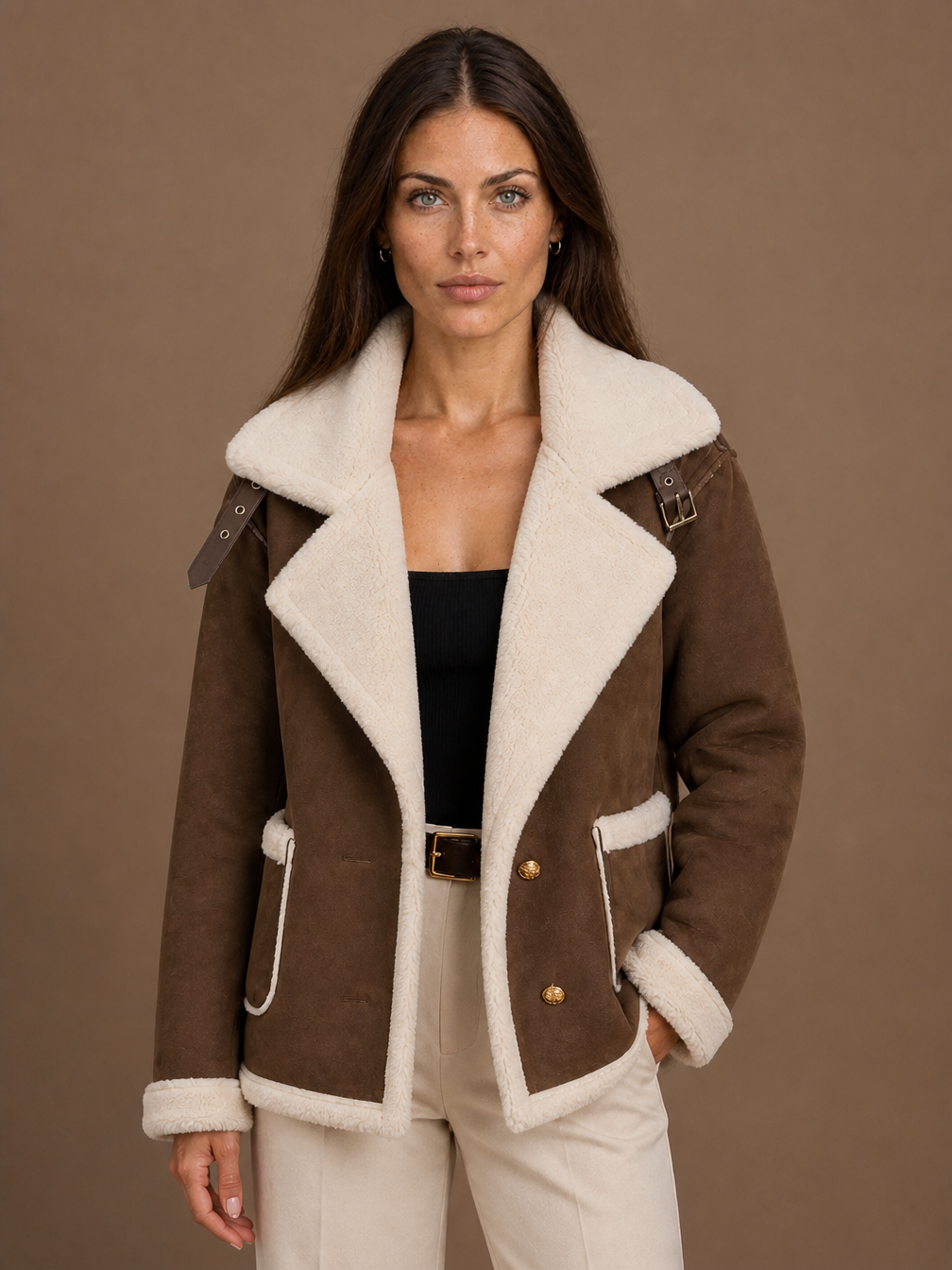 Women's Aviator Jacket with Signature Collar, Zip Front and Tailored Fit - Brown