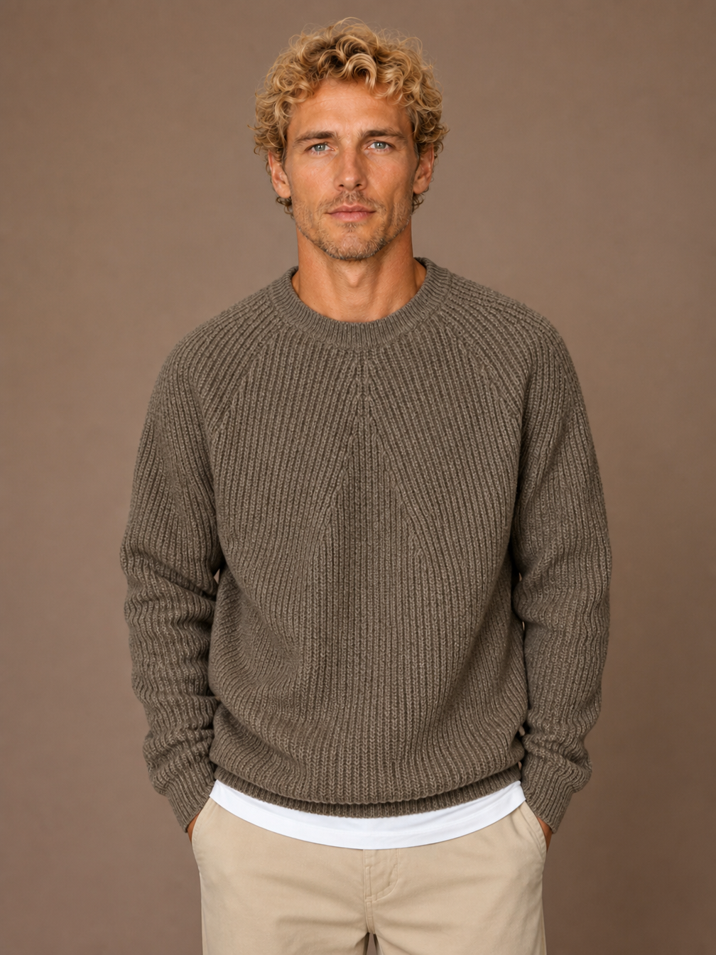 Men's Cotton Ribbed Jumper with Crew Neck and Relaxed Fit - Brown