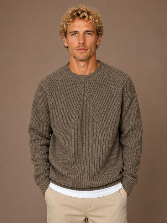 Men's Cotton Ribbed Jumper with Crew Neck and Relaxed Fit - Brown