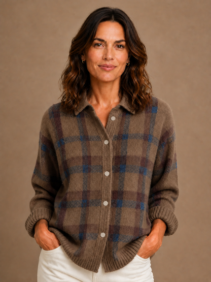 Women’s Classic Check Knit Cardigan - Cozy Retro Knitted Relaxed Fit Sweater - Brown