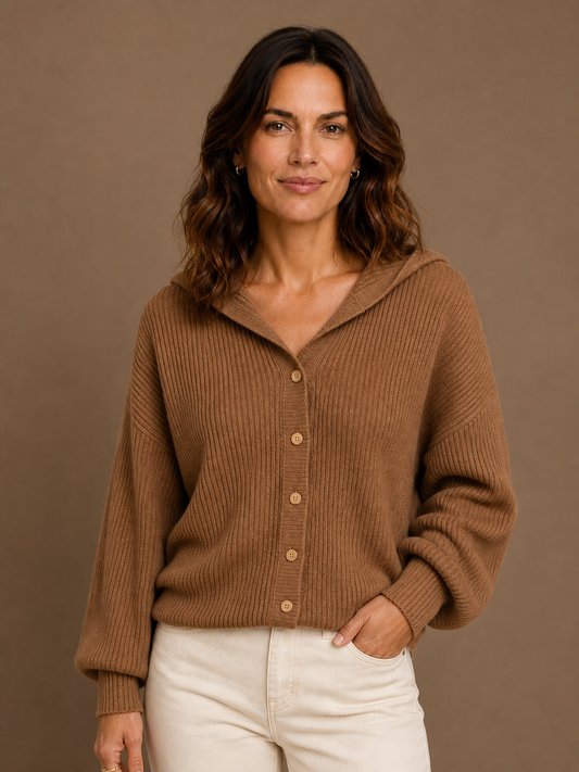 Women's Ribbed Hooded Cardigan with Button Front and Long Sleeves - Brown