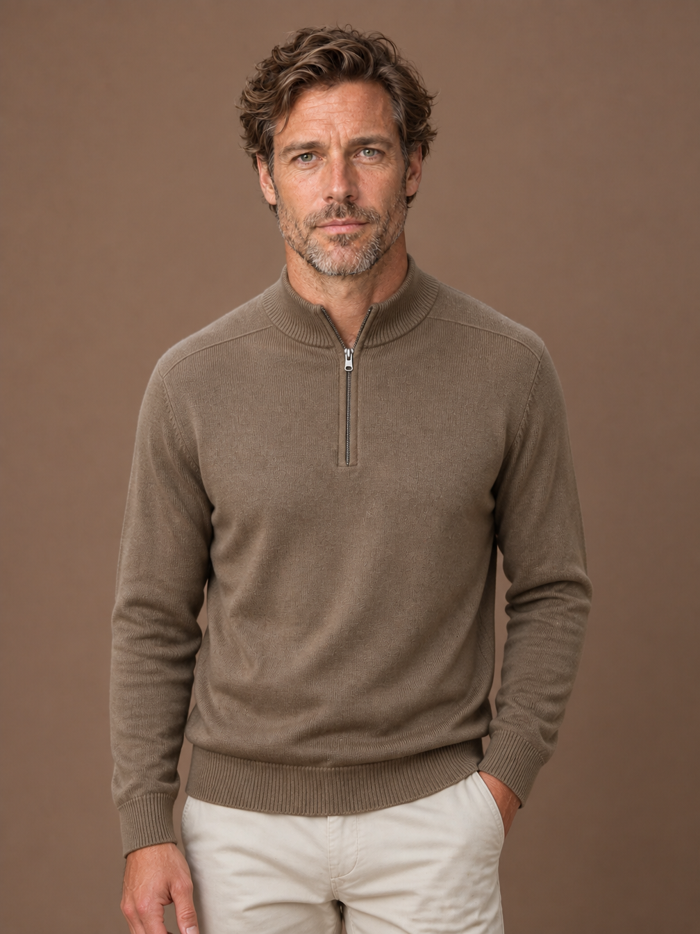 Men's Merino Wool Half-Zip Jumper with Stand Collar, Slim Fit - BROWN