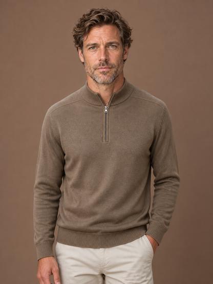 Men's Merino Wool Half-Zip Jumper with Stand Collar, Slim Fit - BROWN