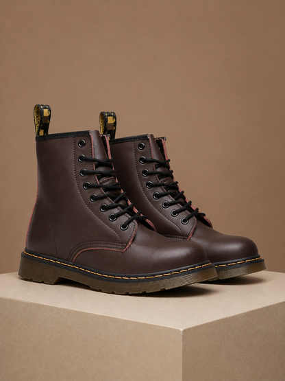 Women's Leather Combat Boots 8-Eye Lace-Up Chunky Sole Boots - Brown