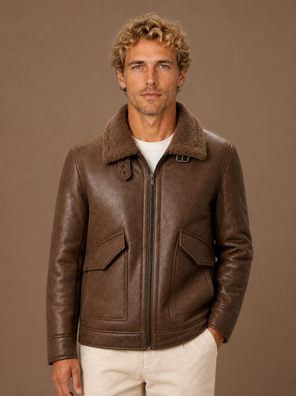 Men's Winter Overcoat - Tailored Longline Thick-Lined Coat with Structured Collar - Brown