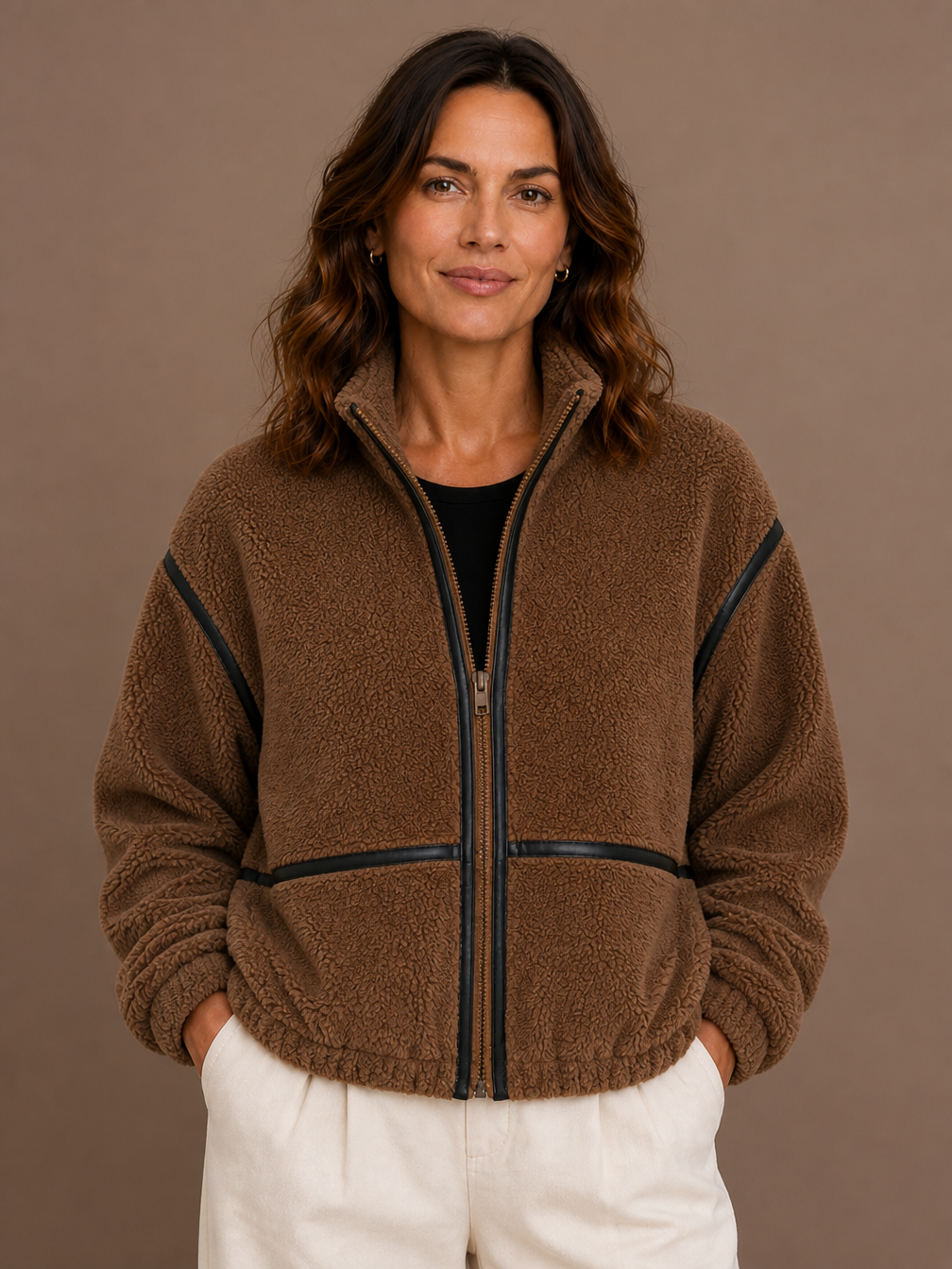 Women's Sherpa Fleece Jacket with Full Zip, Stand Collar and Patch Pockets - Brown