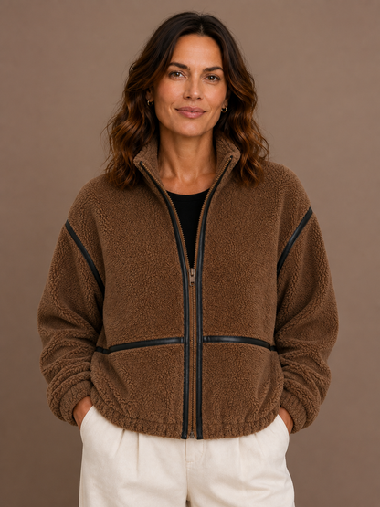 Women's Sherpa Fleece Jacket with Full Zip, Stand Collar and Patch Pockets - Brown