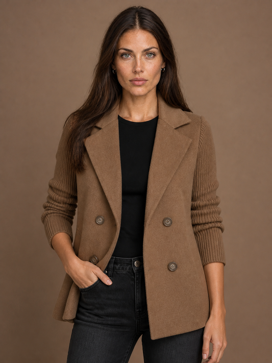 Women's Double-Breasted Blazer - Elegent Knitted Jacket - Brown