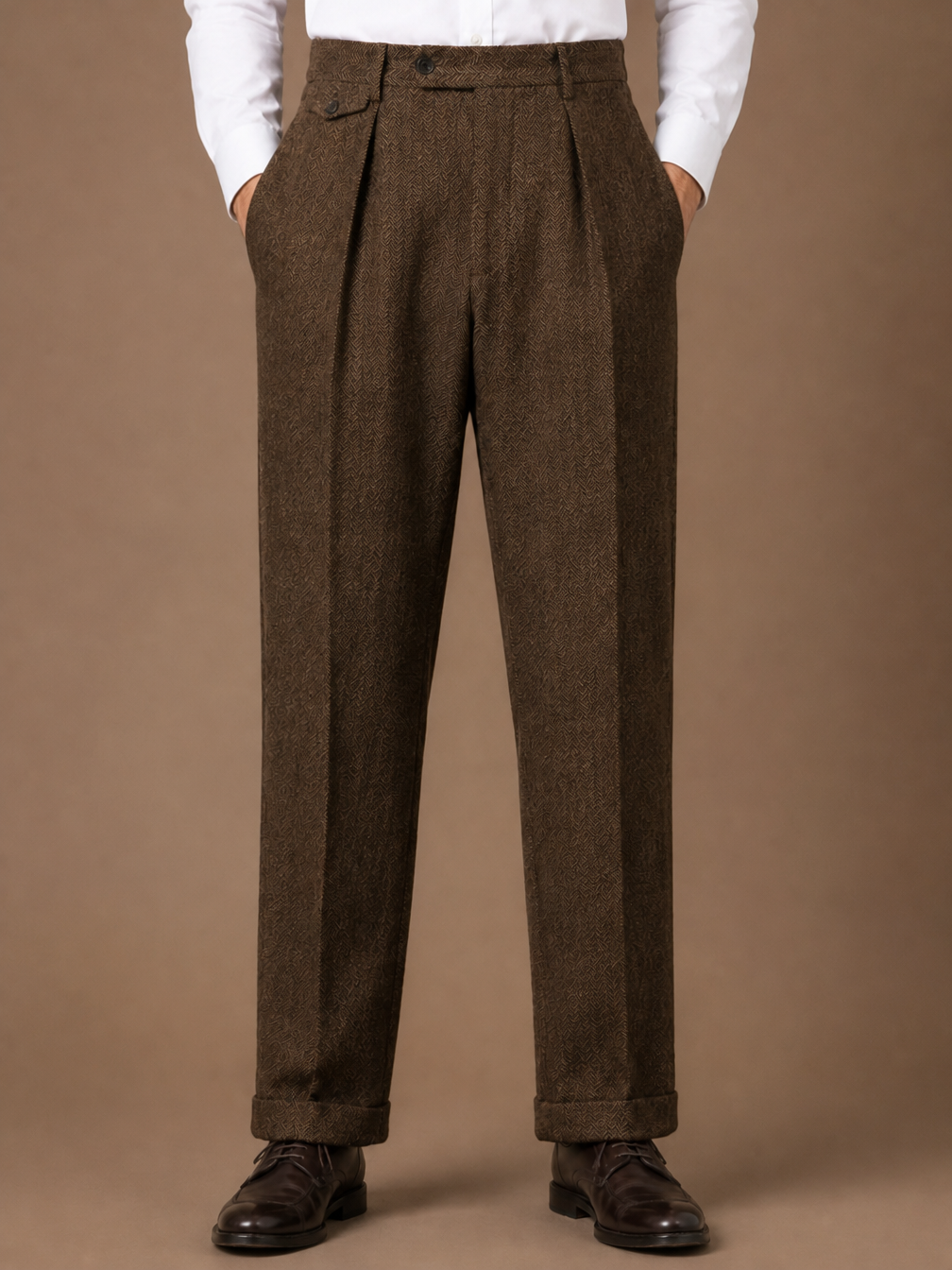 Men's Herringbone Pleated Tailored Trousers Straight Leg Smart Fit - Brown