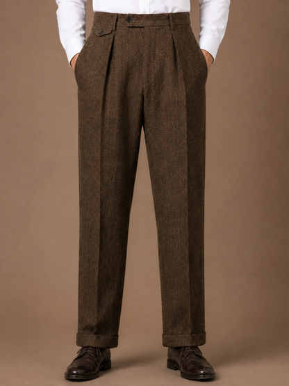 Men's Herringbone Pleated Tailored Trousers Straight Leg Smart Fit - Brown