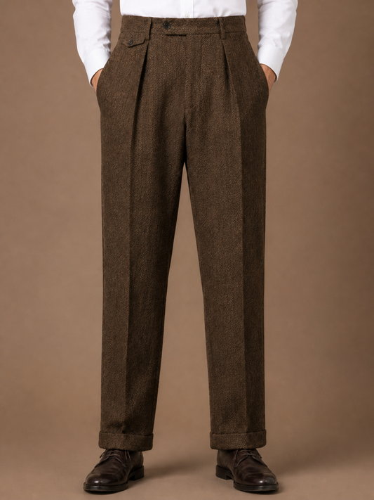 Men's Herringbone Pleated Tailored Trousers Straight Leg Smart Fit - Brown