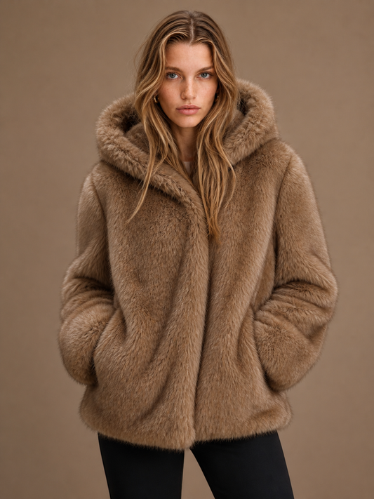 Women's Faux Fur Hooded Coat - Oversized Fluffy Cozy Teddy Warm Jacket - Brown