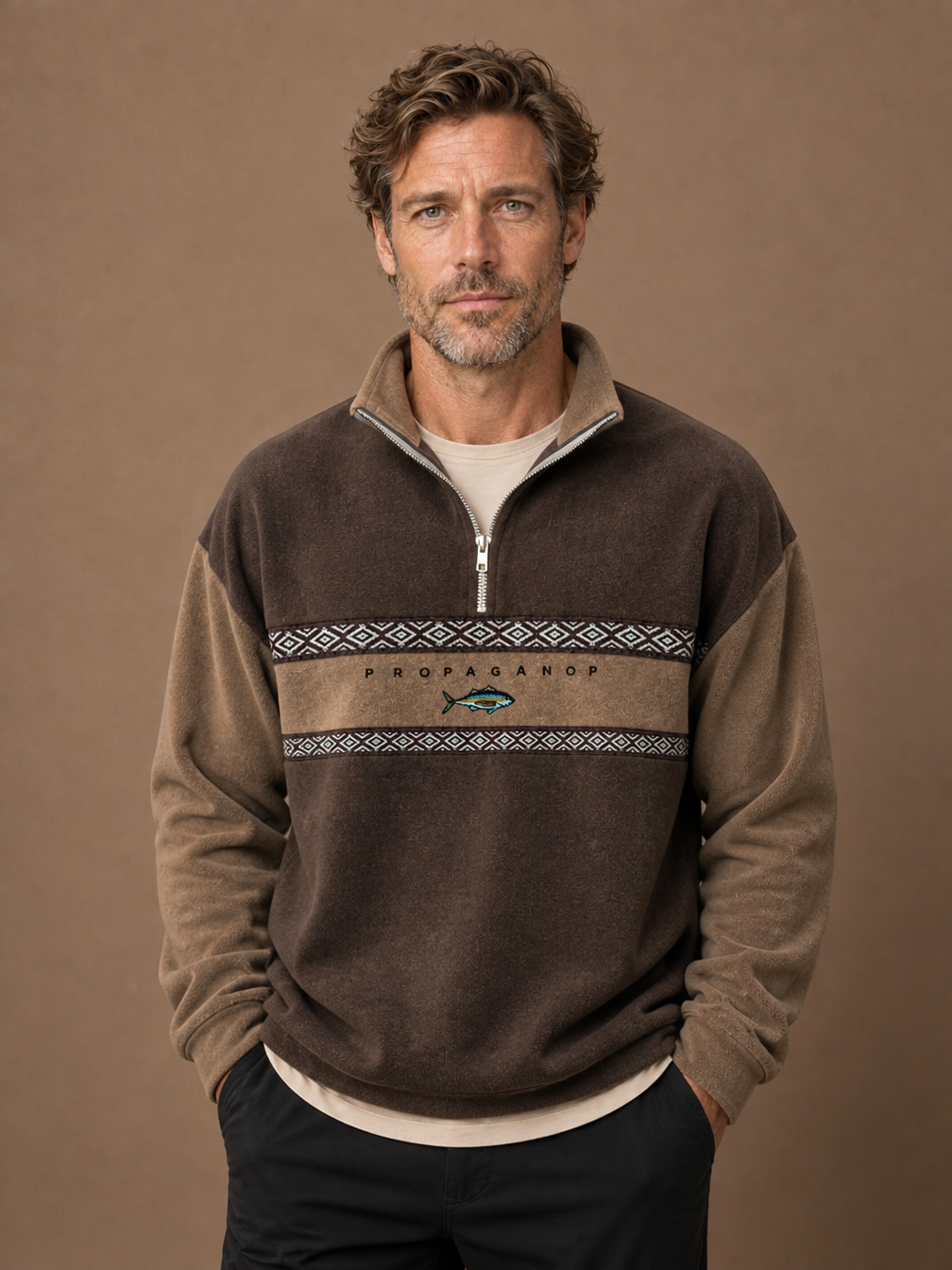 Men’s Zip Through Knitted Jumper with Retro Style - Comfortable Fit Sweater for Autumn and Winter - Brown