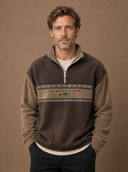 Men’s Zip Through Knitted Jumper with Retro Style - Comfortable Fit Sweater for Autumn and Winter - Brown